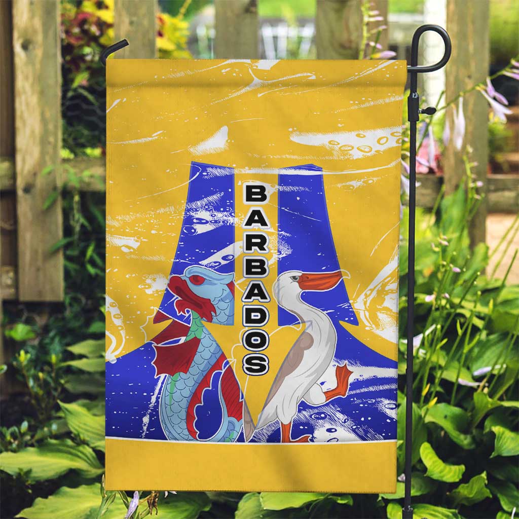 Barbados Coat of Arms Garden Flag with Yellow Blue Pelican Dolphin Graphic - Wonder Print Shop