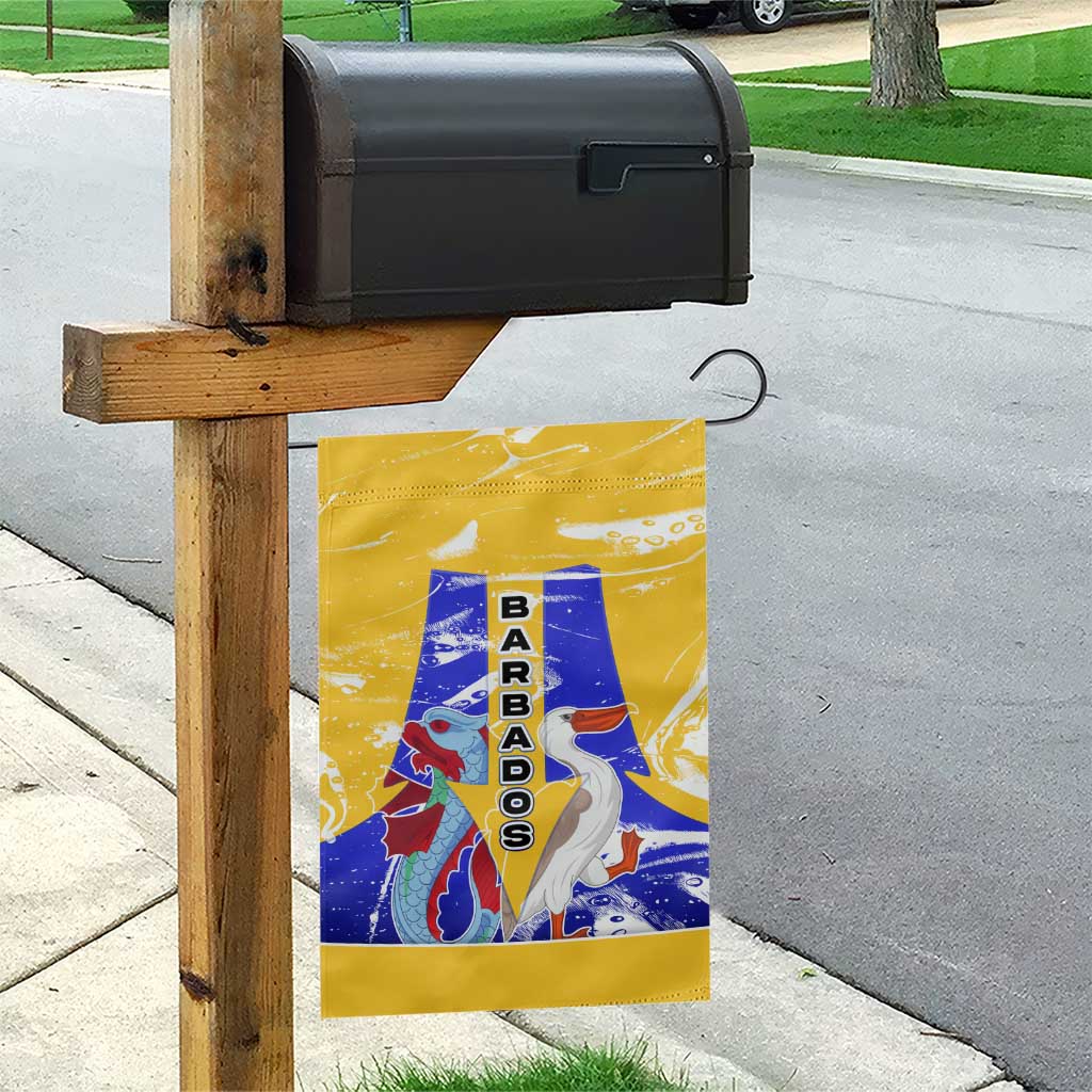 Barbados Coat of Arms Garden Flag with Yellow Blue Pelican Dolphin Graphic - Wonder Print Shop