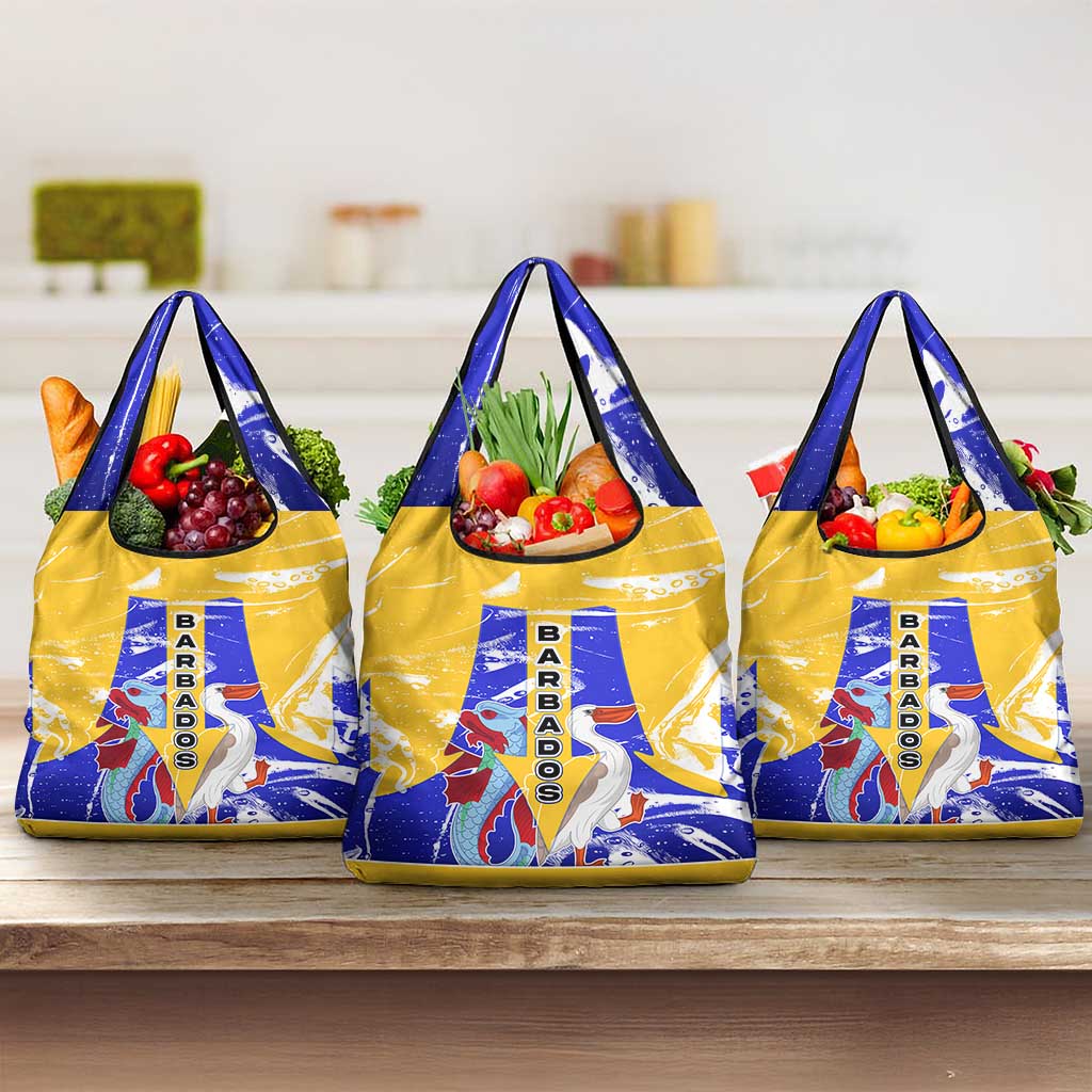 Barbados Coat of Arms Grocery Bag with Yellow Blue Pelican Dolphin Graphic - Wonder Print Shop