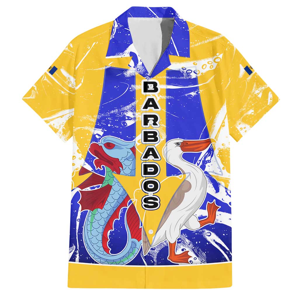 Barbados Coat of Arms Hawaiian Shirt with Yellow Blue Pelican Dolphin Graphic - Wonder Print Shop