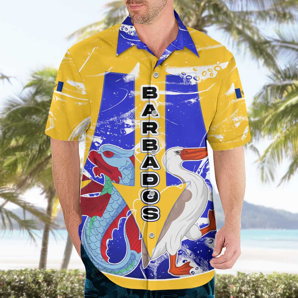 Barbados Coat of Arms Hawaiian Shirt with Yellow Blue Pelican Dolphin Graphic - Wonder Print Shop