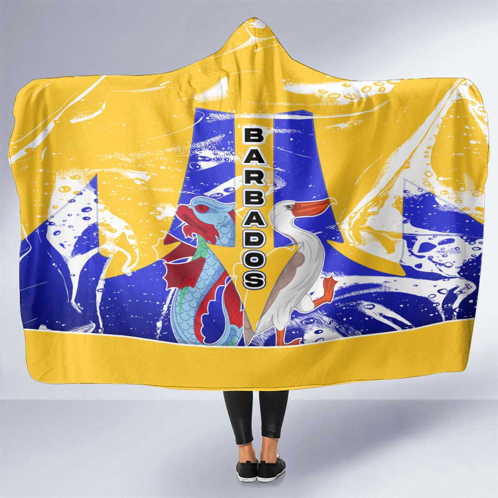 Barbados Coat of Arms Hooded Blanket with Yellow Blue Pelican Dolphin Graphic - Wonder Print Shop