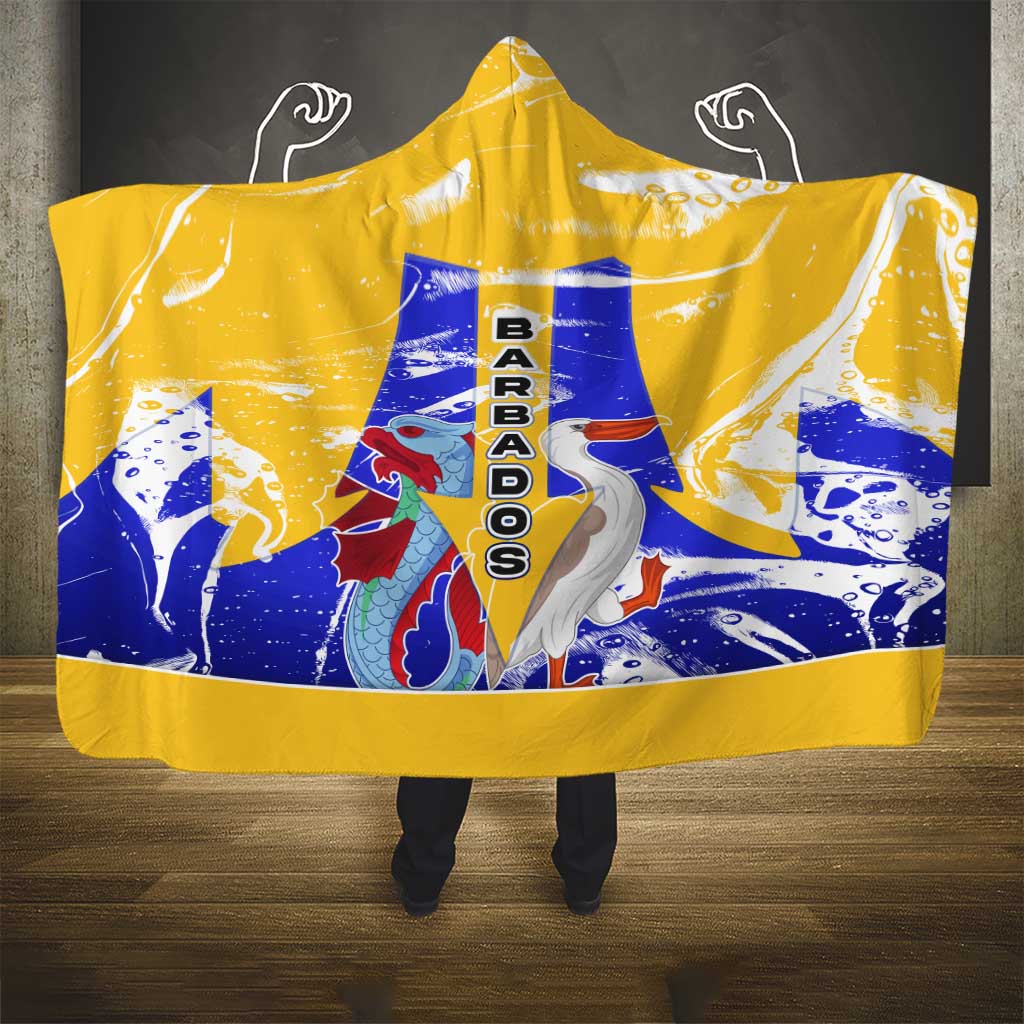 Barbados Coat of Arms Hooded Blanket with Yellow Blue Pelican Dolphin Graphic - Wonder Print Shop