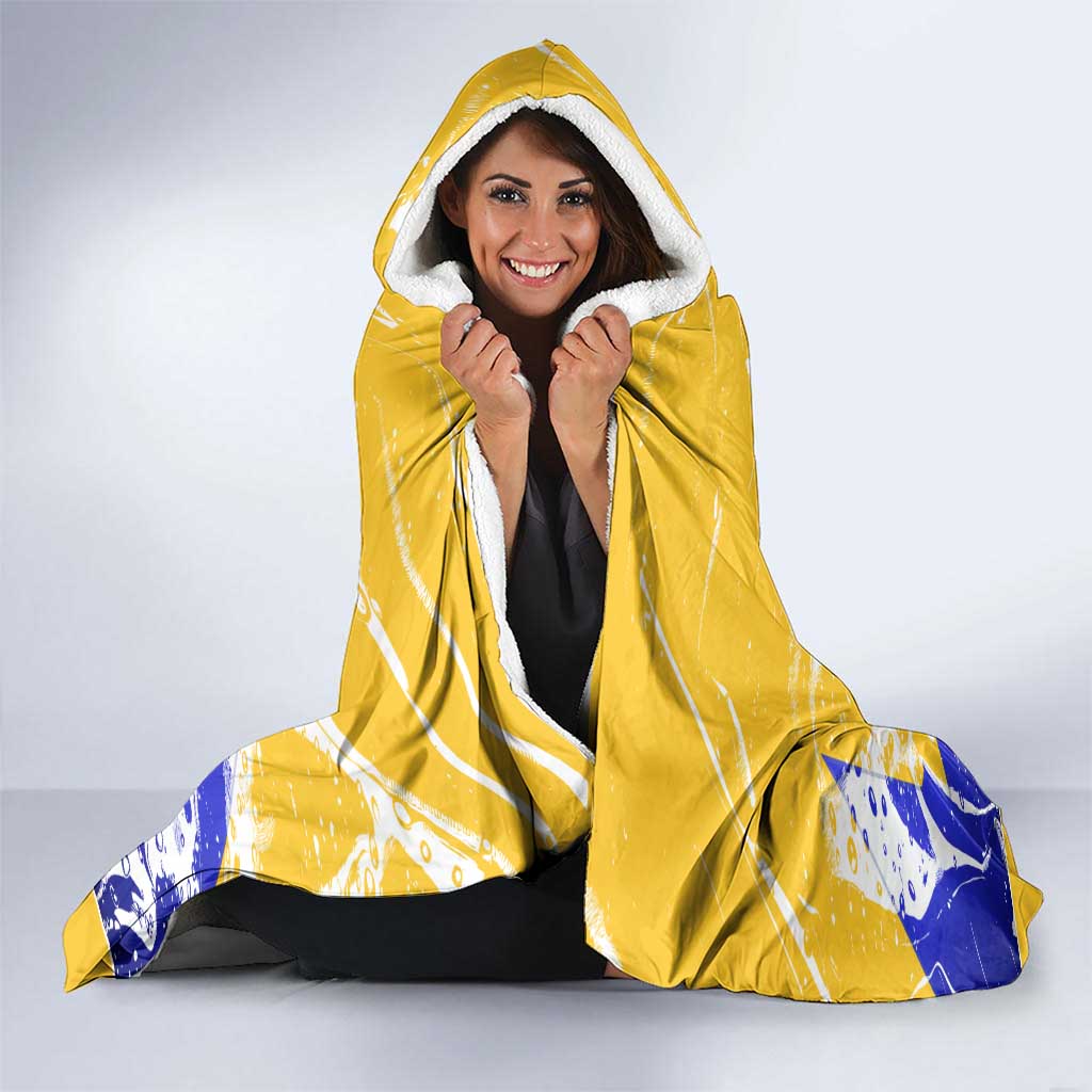 Barbados Coat of Arms Hooded Blanket with Yellow Blue Pelican Dolphin Graphic - Wonder Print Shop