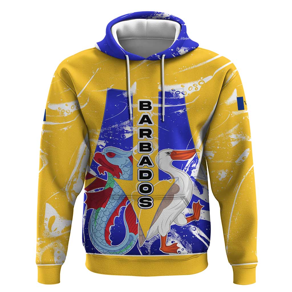 Barbados Coat of Arms Hoodie with Yellow Blue Pelican Dolphin Graphic - Wonder Print Shop