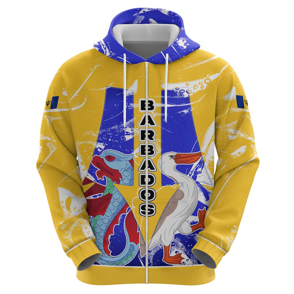 Barbados Coat of Arms Hoodie with Yellow Blue Pelican Dolphin Graphic - Wonder Print Shop