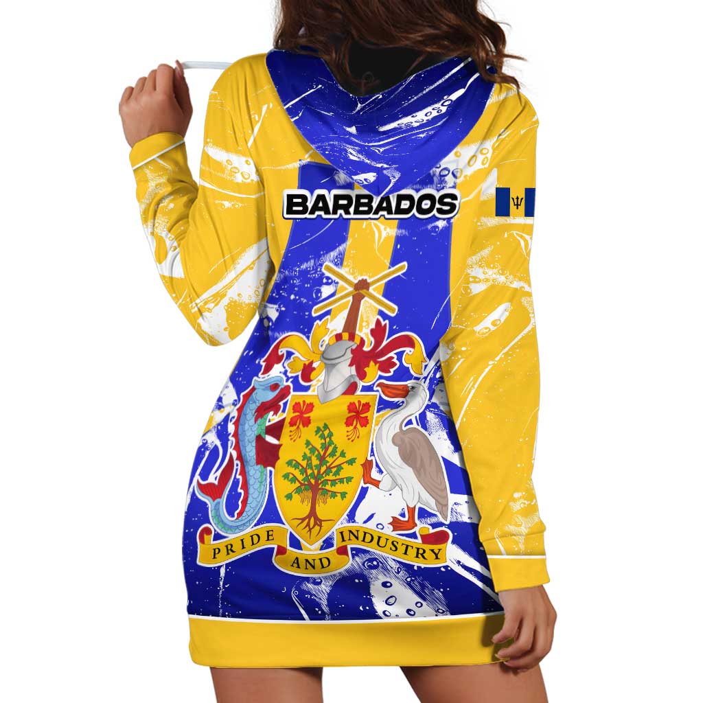 Barbados Coat of Arms Hoodie Dress with Yellow Blue Pelican Dolphin Graphic - Wonder Print Shop