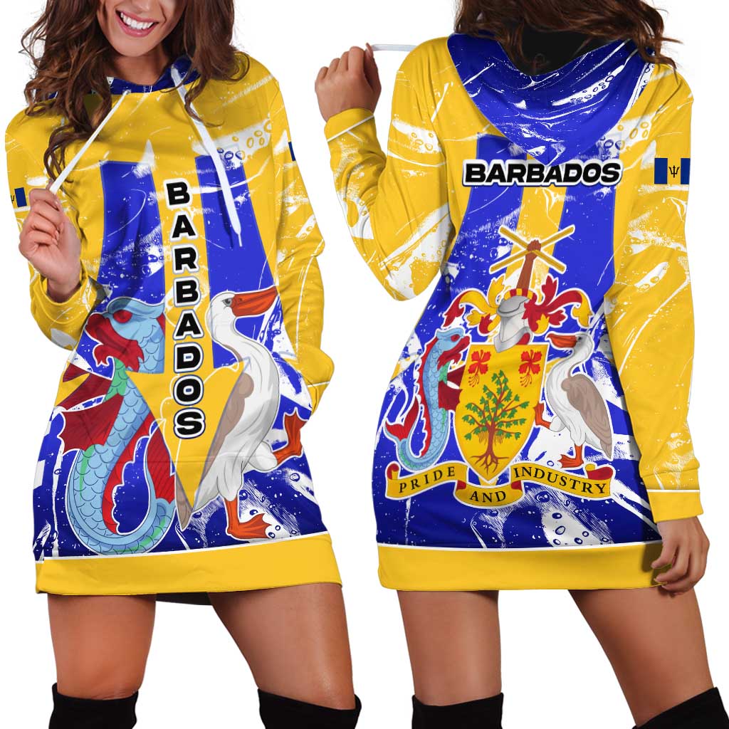 Barbados Coat of Arms Hoodie Dress with Yellow Blue Pelican Dolphin Graphic - Wonder Print Shop