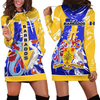 Barbados Coat of Arms Hoodie Dress with Yellow Blue Pelican Dolphin Graphic - Wonder Print Shop