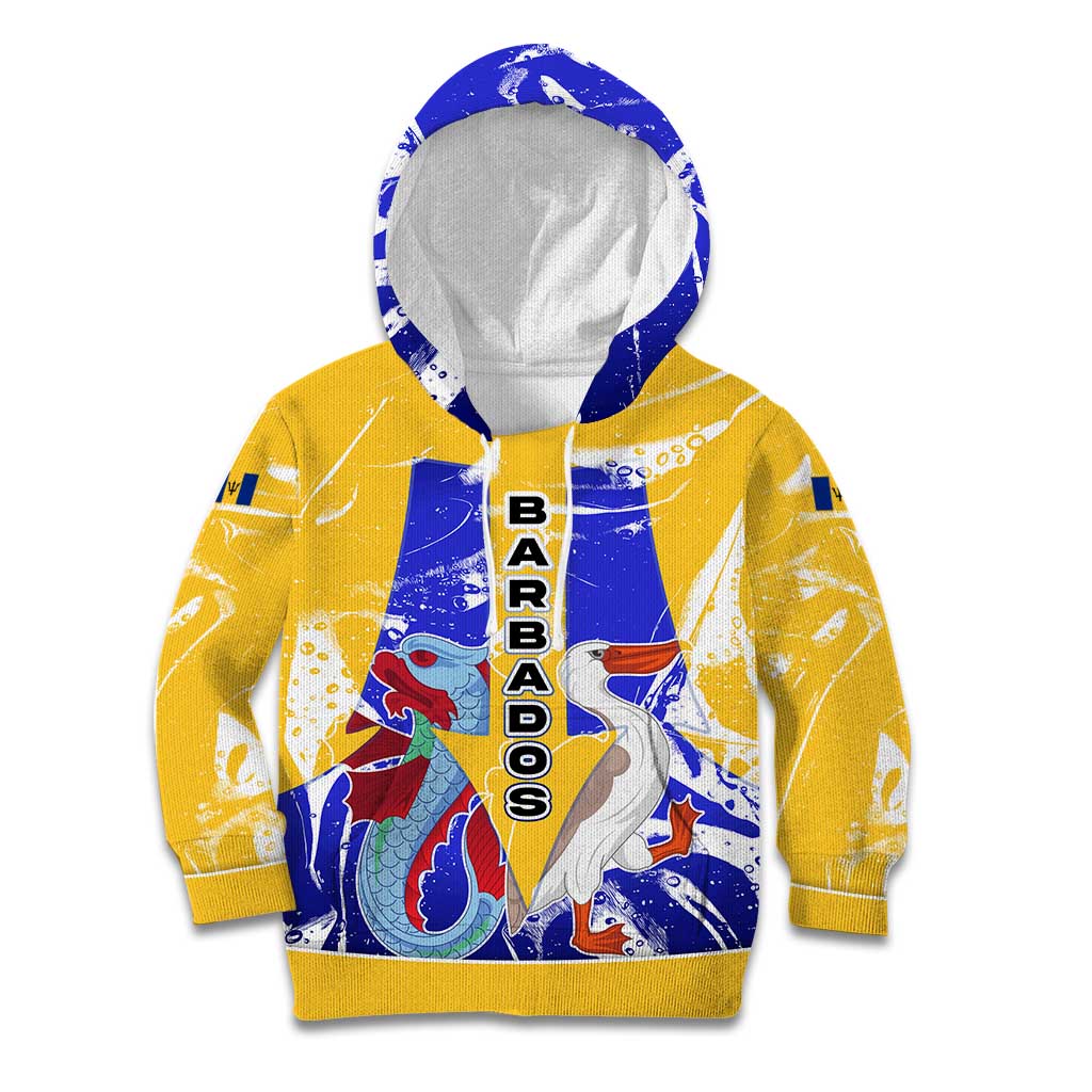 Barbados Coat of Arms Kid Hoodie with Yellow Blue Pelican Dolphin Graphic - Wonder Print Shop