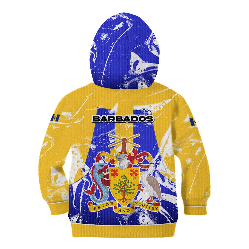 Barbados Coat of Arms Kid Hoodie with Yellow Blue Pelican Dolphin Graphic - Wonder Print Shop