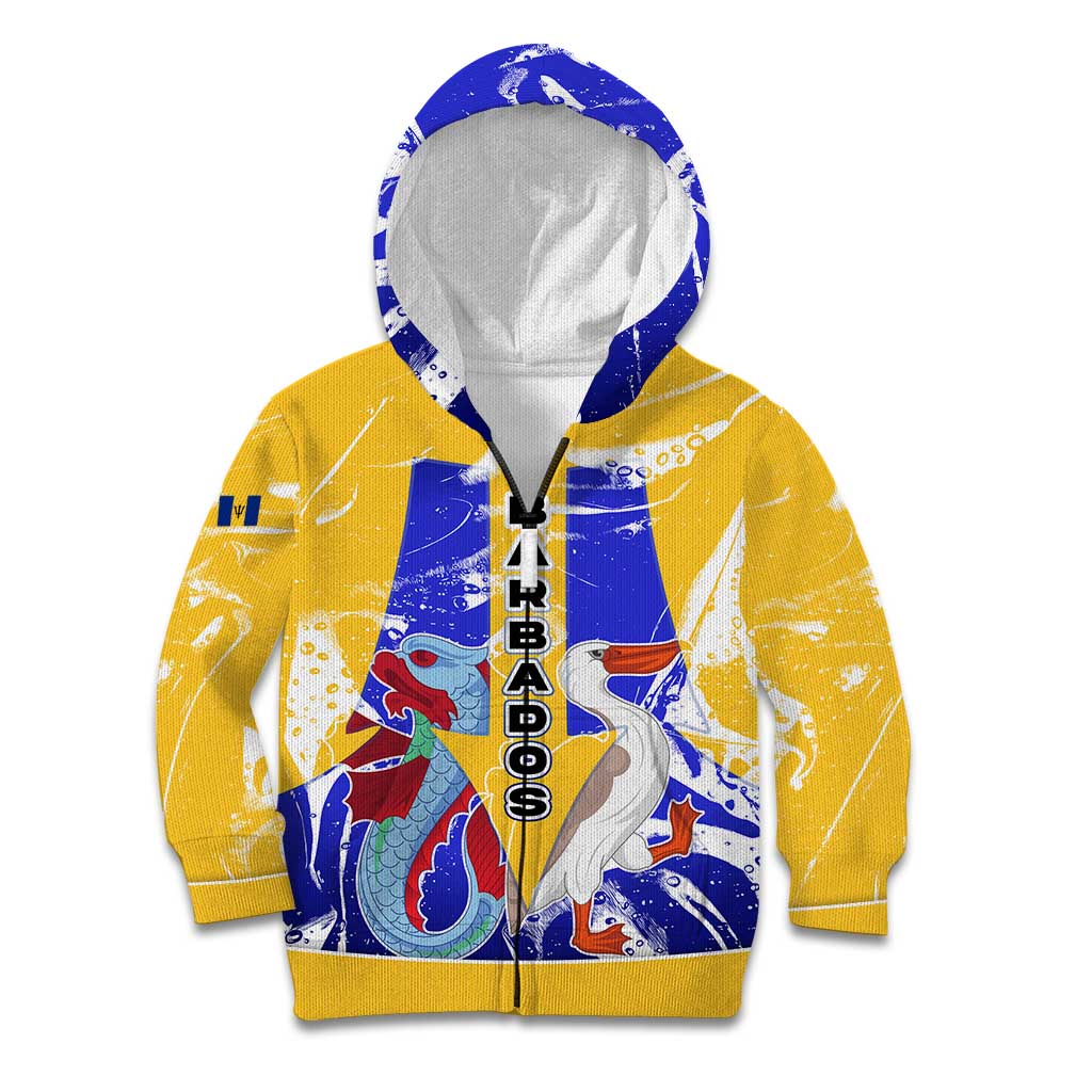 Barbados Coat of Arms Kid Hoodie with Yellow Blue Pelican Dolphin Graphic - Wonder Print Shop