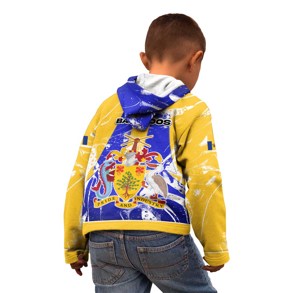 Barbados Coat of Arms Kid Hoodie with Yellow Blue Pelican Dolphin Graphic - Wonder Print Shop