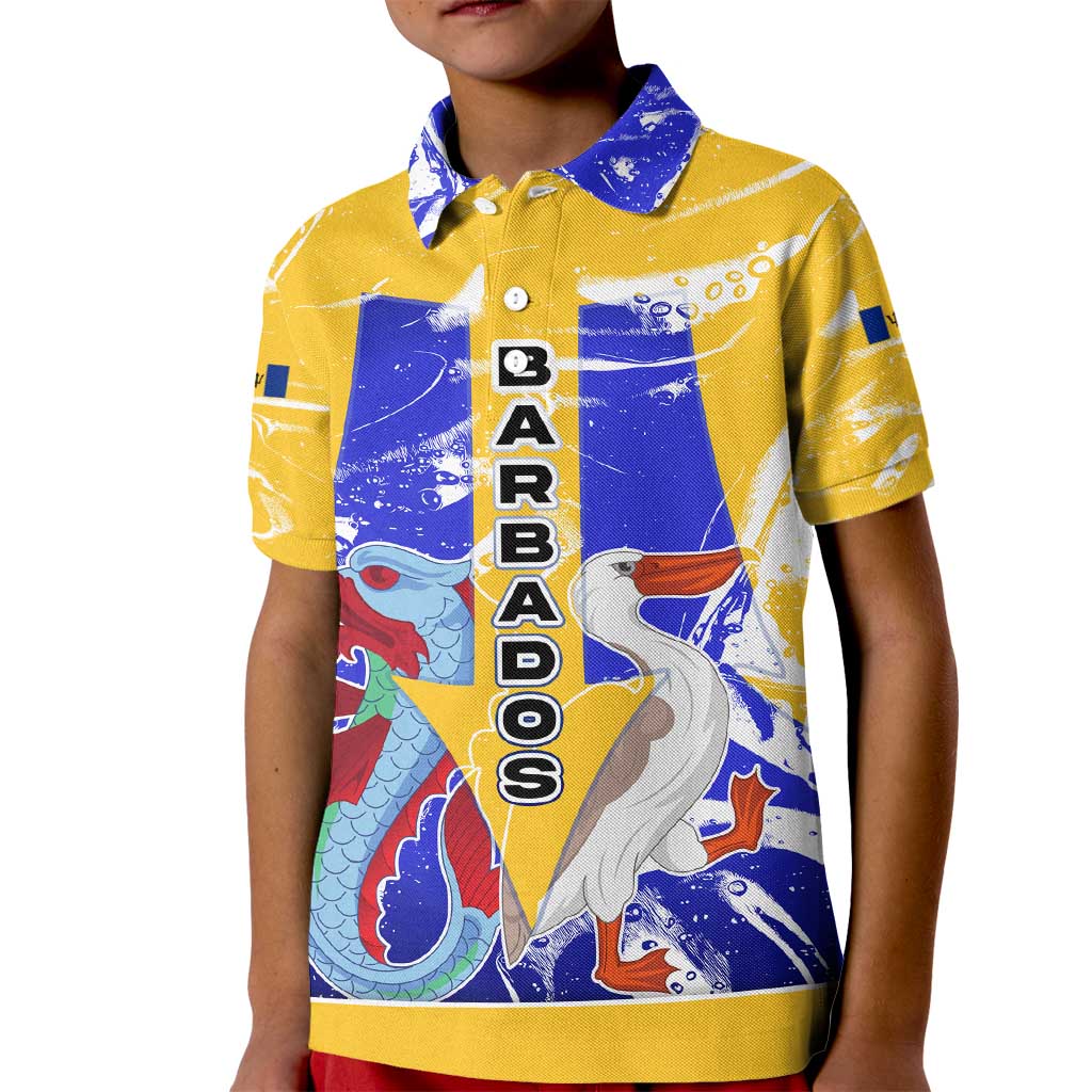 Barbados Coat of Arms Kid Polo Shirt with Yellow Blue Pelican Dolphin Graphic - Wonder Print Shop