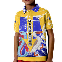 Barbados Coat of Arms Kid Polo Shirt with Yellow Blue Pelican Dolphin Graphic - Wonder Print Shop