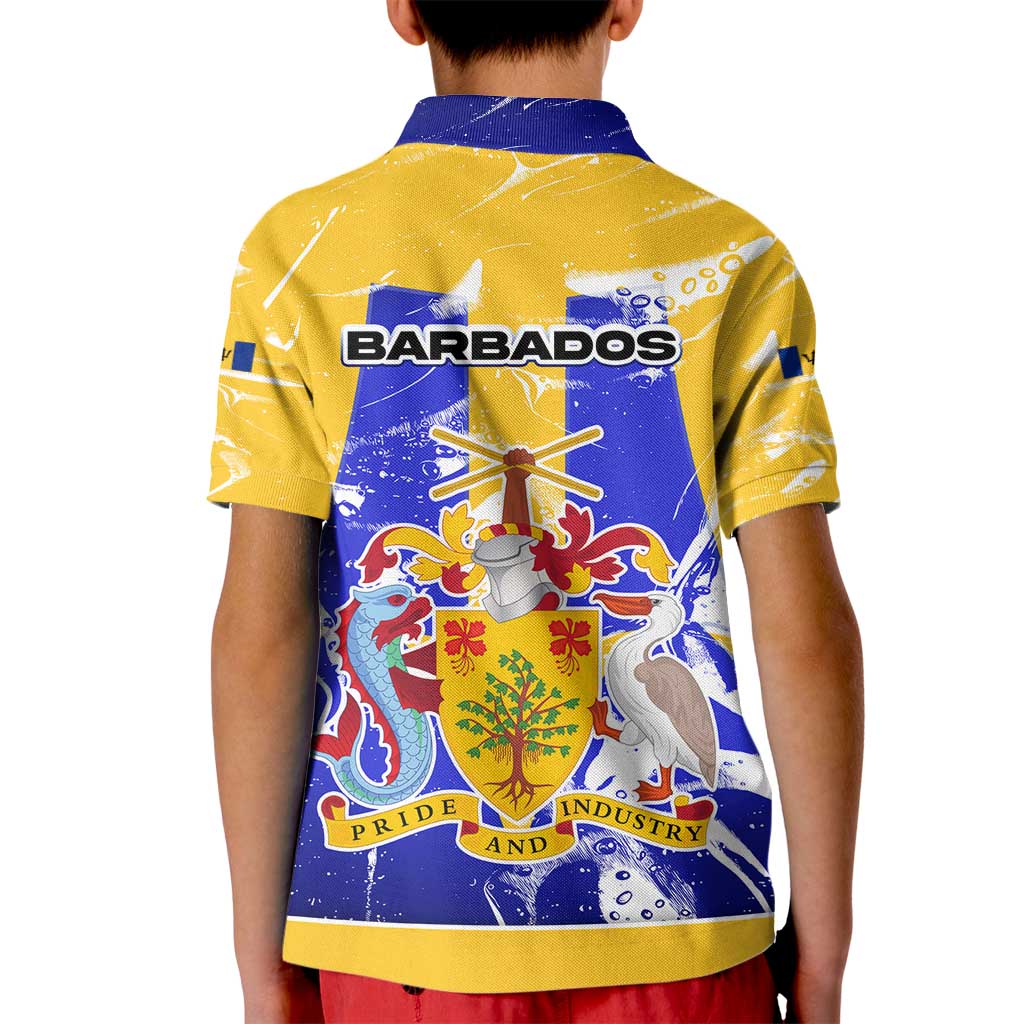 Barbados Coat of Arms Kid Polo Shirt with Yellow Blue Pelican Dolphin Graphic - Wonder Print Shop