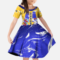 Barbados Coat of Arms Kid Short Sleeve Dress with Yellow Blue Pelican Dolphin Graphic - Wonder Print Shop