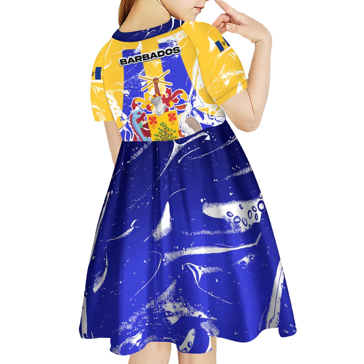 Barbados Coat of Arms Kid Short Sleeve Dress with Yellow Blue Pelican Dolphin Graphic - Wonder Print Shop