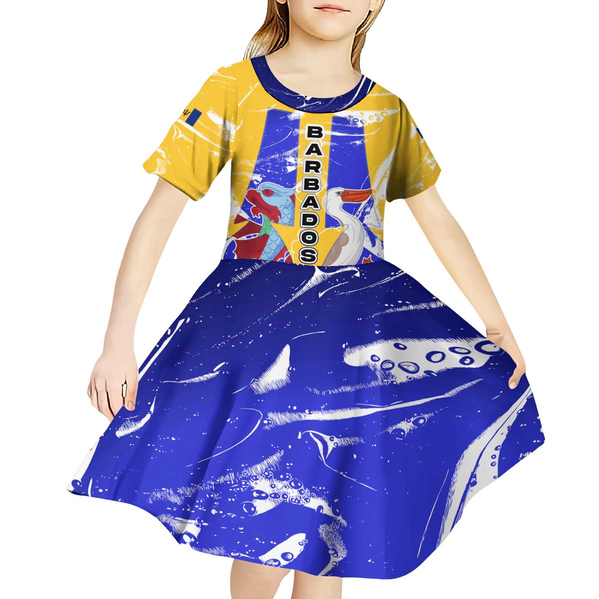 Barbados Coat of Arms Kid Short Sleeve Dress with Yellow Blue Pelican Dolphin Graphic - Wonder Print Shop