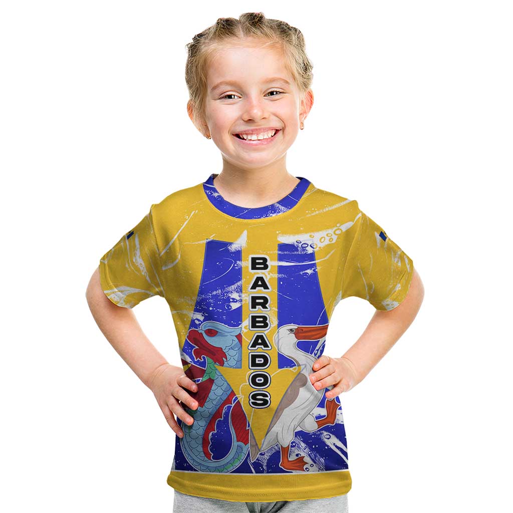Barbados Coat of Arms Kid T Shirt with Yellow Blue Pelican Dolphin Graphic - Wonder Print Shop