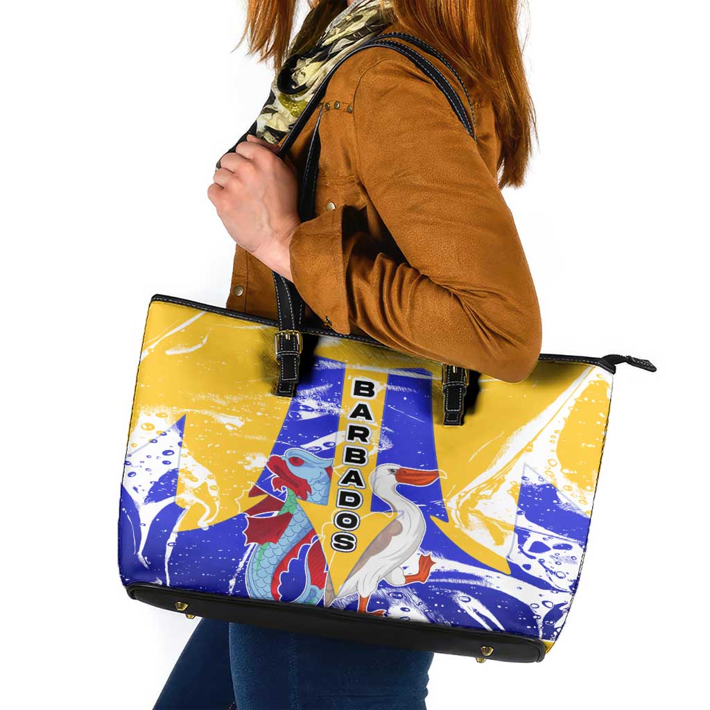 Barbados Coat of Arms Leather Tote Bag with Yellow Blue Pelican Dolphin Graphic - Wonder Print Shop
