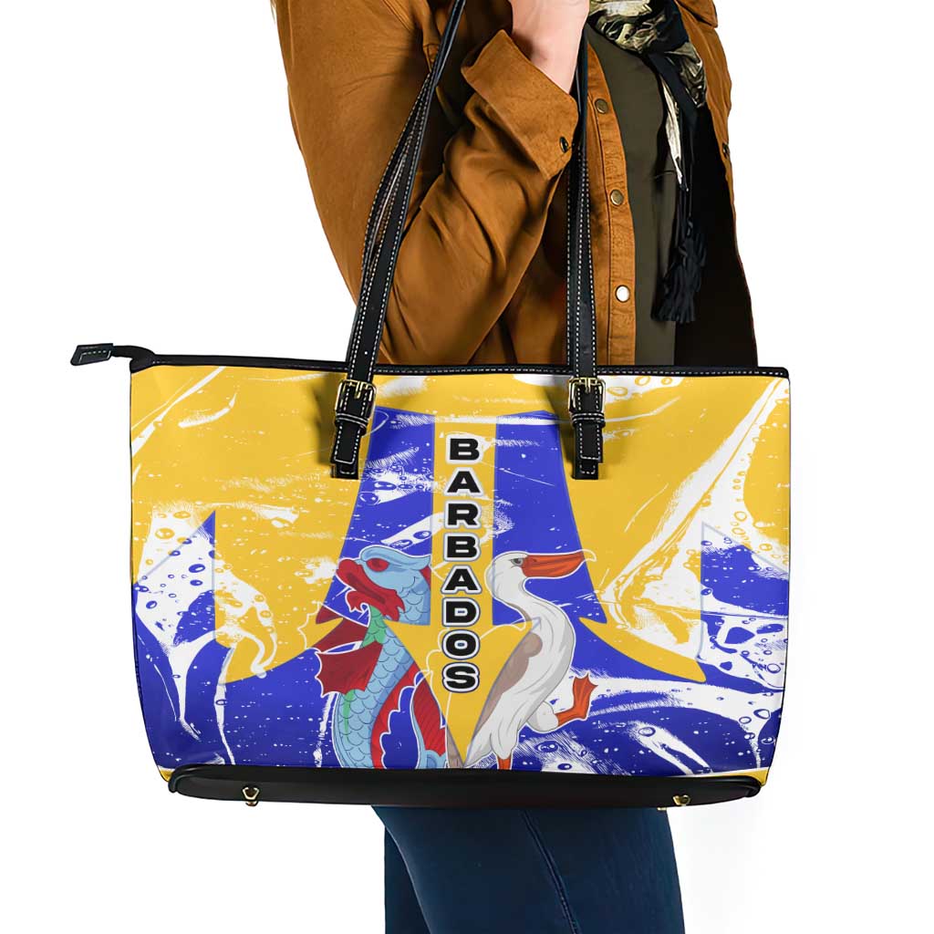 Barbados Coat of Arms Leather Tote Bag with Yellow Blue Pelican Dolphin Graphic - Wonder Print Shop