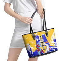 Barbados Coat of Arms Leather Tote Bag with Yellow Blue Pelican Dolphin Graphic - Wonder Print Shop