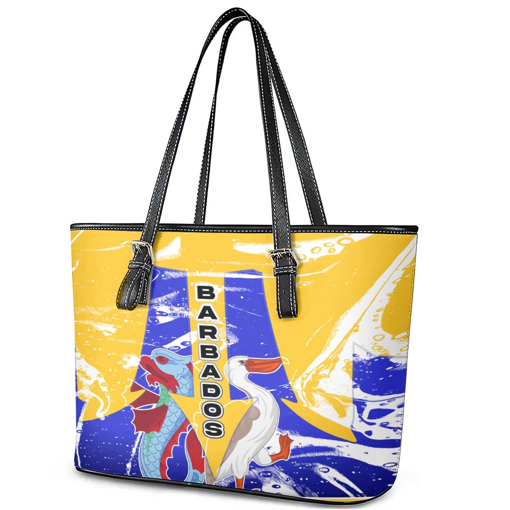 Barbados Coat of Arms Leather Tote Bag with Yellow Blue Pelican Dolphin Graphic - Wonder Print Shop