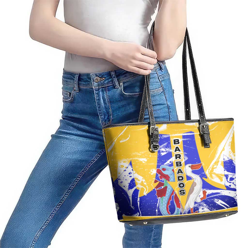 Barbados Coat of Arms Leather Tote Bag with Yellow Blue Pelican Dolphin Graphic - Wonder Print Shop
