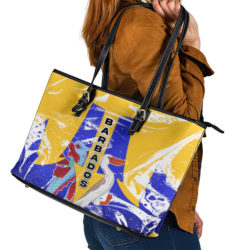 Barbados Coat of Arms Leather Tote Bag with Yellow Blue Pelican Dolphin Graphic - Wonder Print Shop