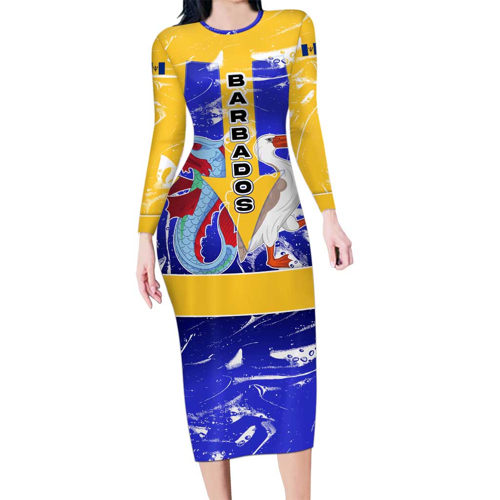 Barbados Coat of Arms Long Sleeve Bodycon Dress with Yellow Blue Pelican Dolphin Graphic - Wonder Print Shop