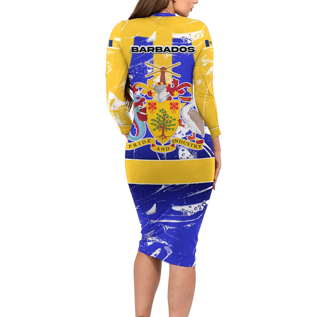 Barbados Coat of Arms Long Sleeve Bodycon Dress with Yellow Blue Pelican Dolphin Graphic - Wonder Print Shop