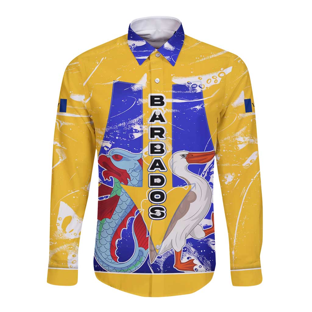 Barbados Coat of Arms Long Sleeve Button Shirt with Yellow Blue Pelican Dolphin Graphic - Wonder Print Shop