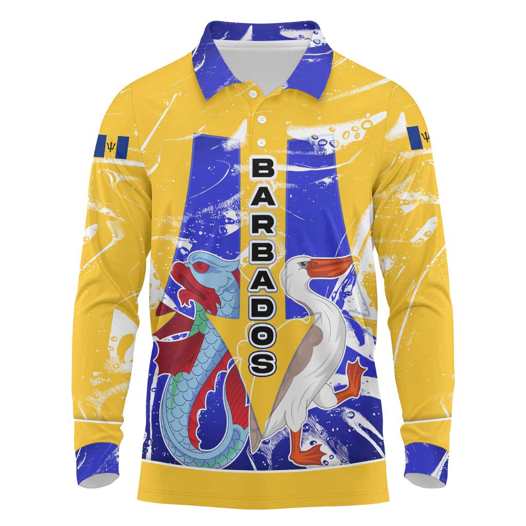 Barbados Coat of Arms Long Sleeve Polo Shirt with Yellow Blue Pelican Dolphin Graphic - Wonder Print Shop