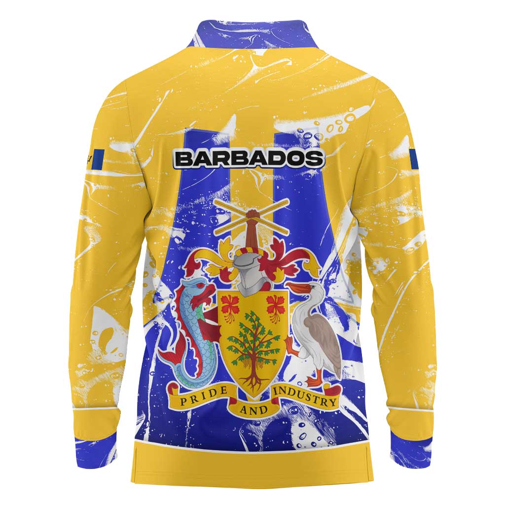 Barbados Coat of Arms Long Sleeve Polo Shirt with Yellow Blue Pelican Dolphin Graphic - Wonder Print Shop