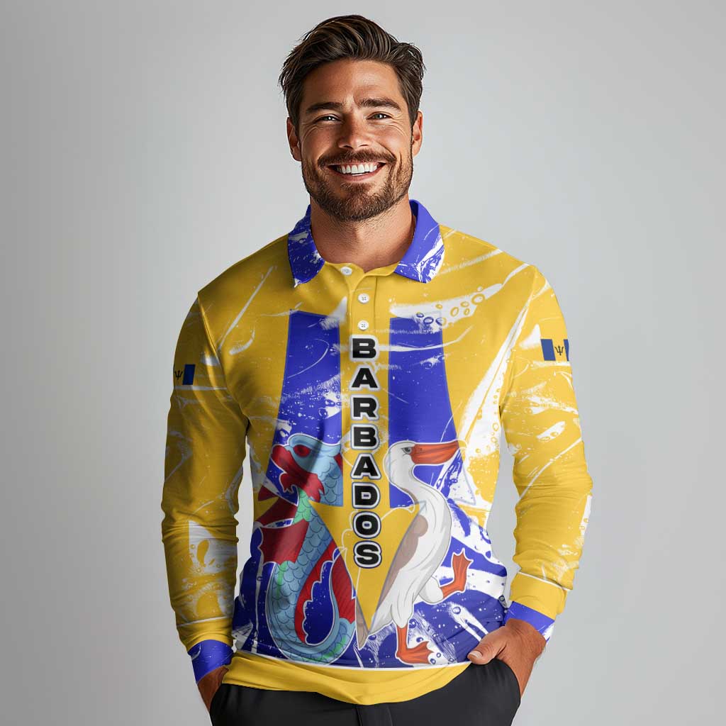 Barbados Coat of Arms Long Sleeve Polo Shirt with Yellow Blue Pelican Dolphin Graphic - Wonder Print Shop