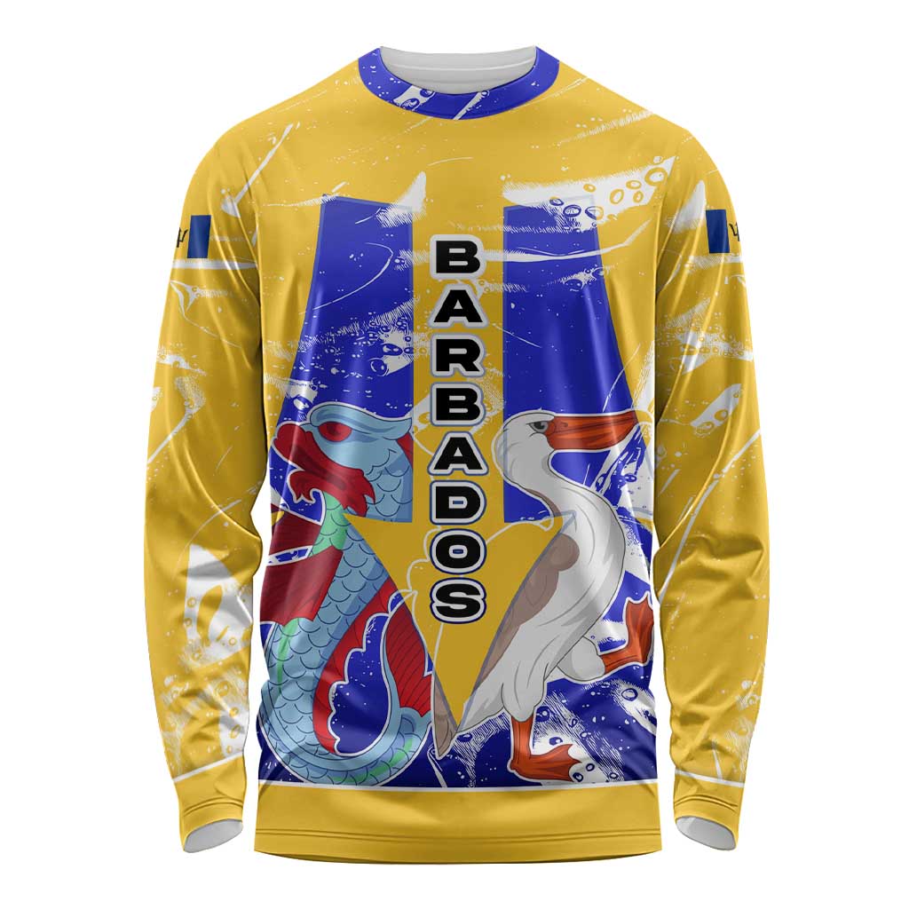 Barbados Coat of Arms Long Sleeve Shirt with Yellow Blue Pelican Dolphin Graphic - Wonder Print Shop