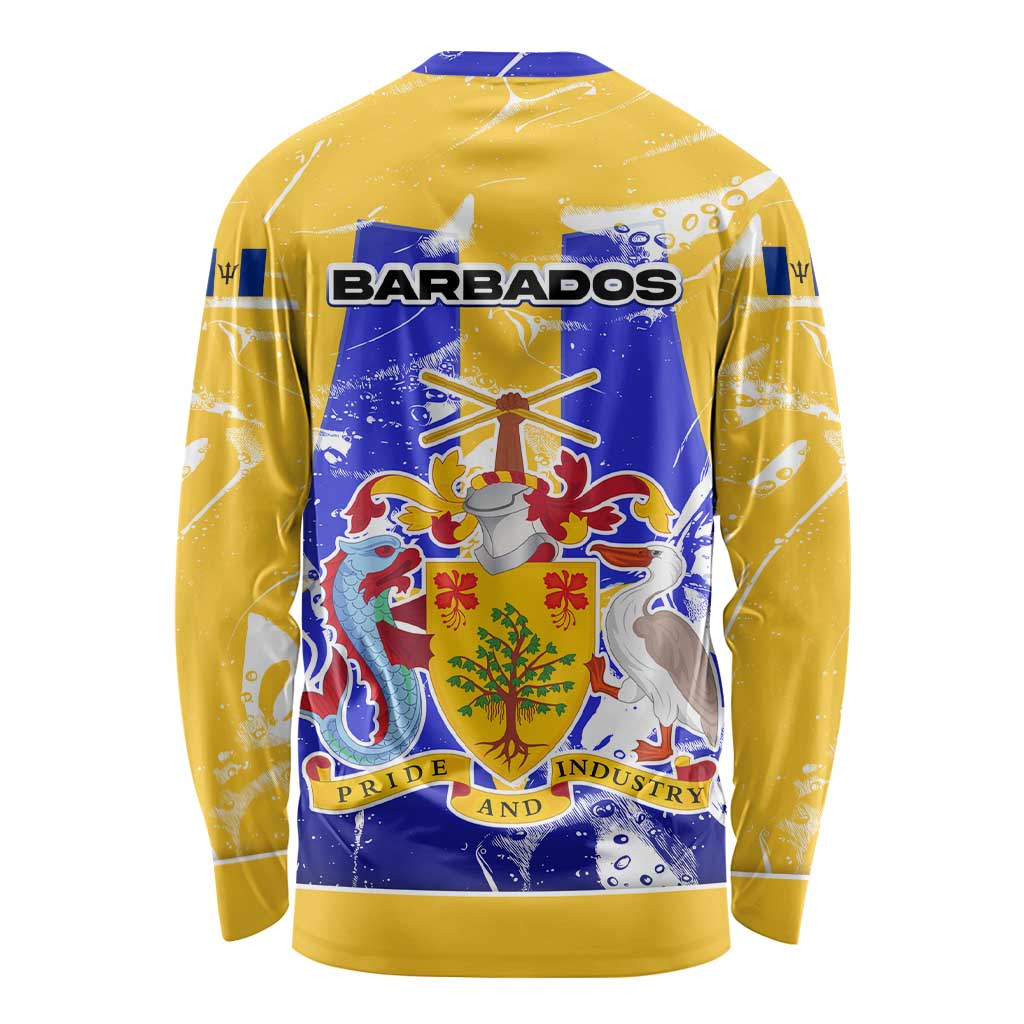 Barbados Coat of Arms Long Sleeve Shirt with Yellow Blue Pelican Dolphin Graphic - Wonder Print Shop