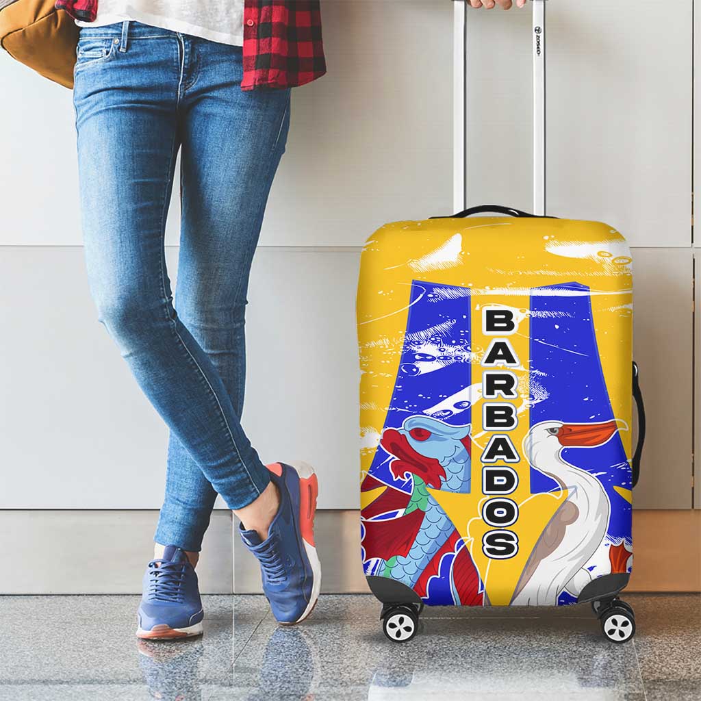 Barbados Coat of Arms Luggage Cover with Yellow Blue Pelican Dolphin Graphic - Wonder Print Shop