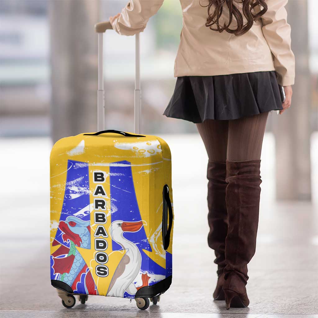 Barbados Coat of Arms Luggage Cover with Yellow Blue Pelican Dolphin Graphic - Wonder Print Shop