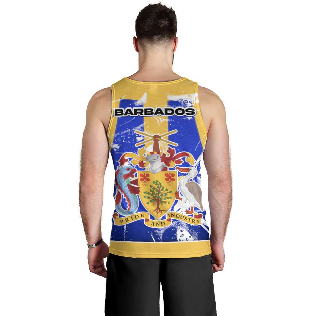 Barbados Coat of Arms Men Tank Top with Yellow Blue Pelican Dolphin Graphic - Wonder Print Shop