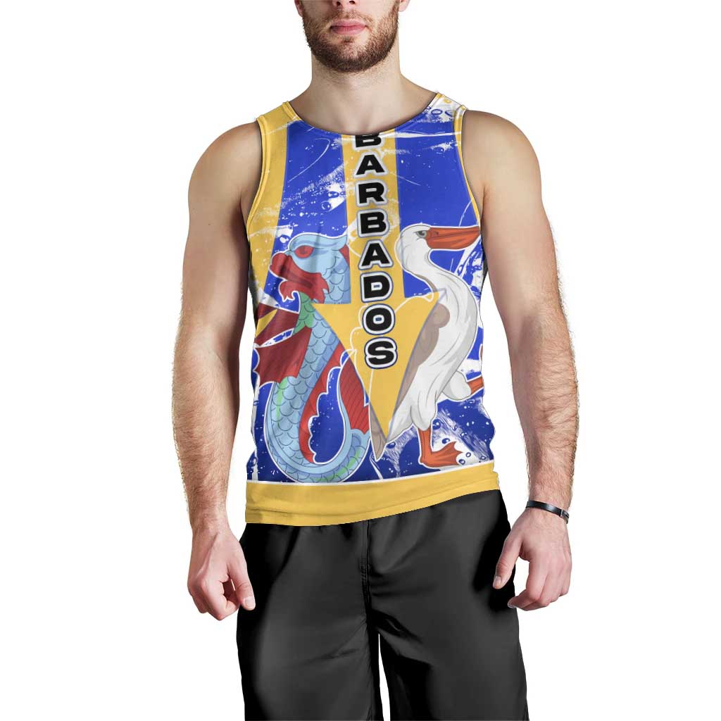 Barbados Coat of Arms Men Tank Top with Yellow Blue Pelican Dolphin Graphic - Wonder Print Shop
