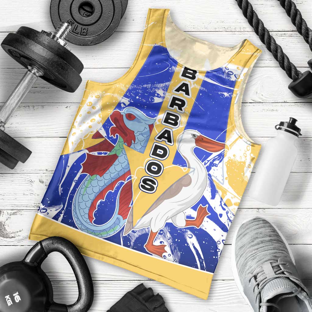 Barbados Coat of Arms Men Tank Top with Yellow Blue Pelican Dolphin Graphic - Wonder Print Shop