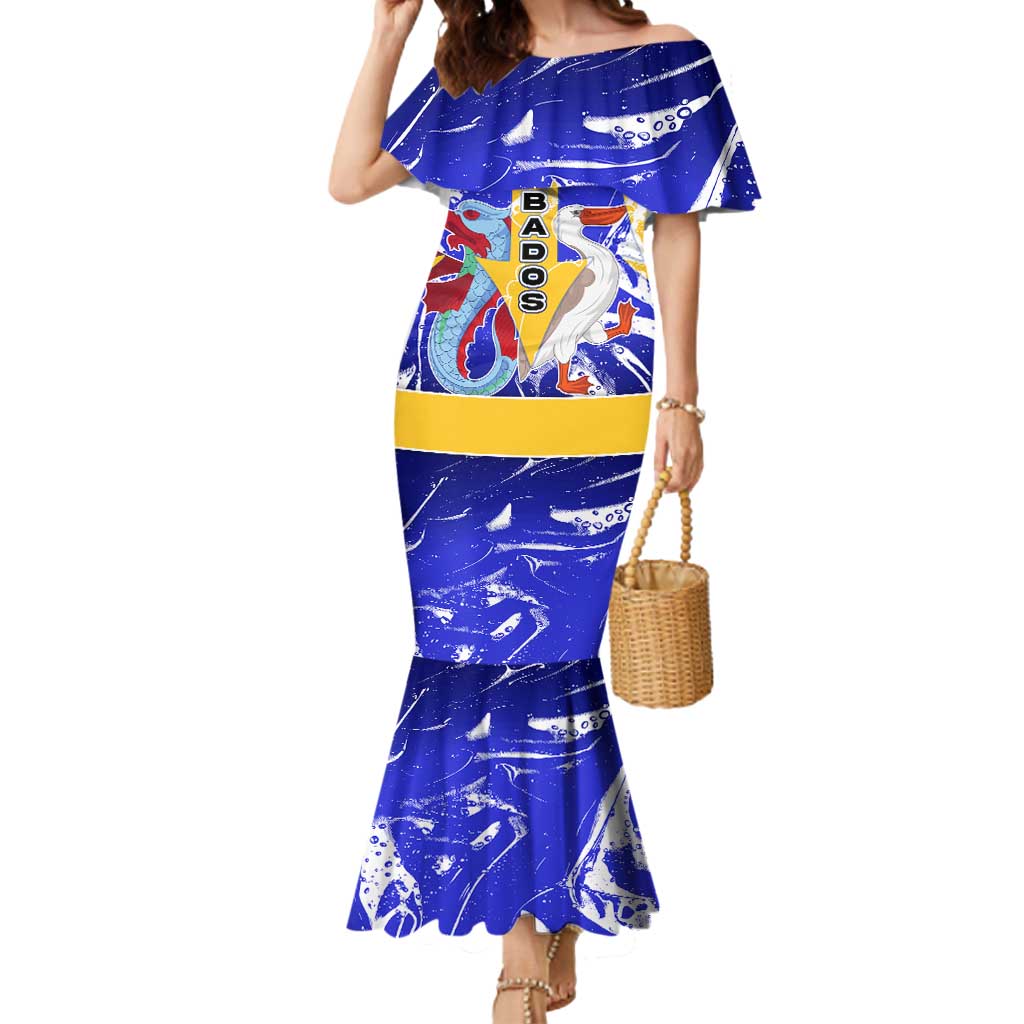 Barbados Coat of Arms Mermaid Dress with Yellow Blue Pelican Dolphin Graphic - Wonder Print Shop