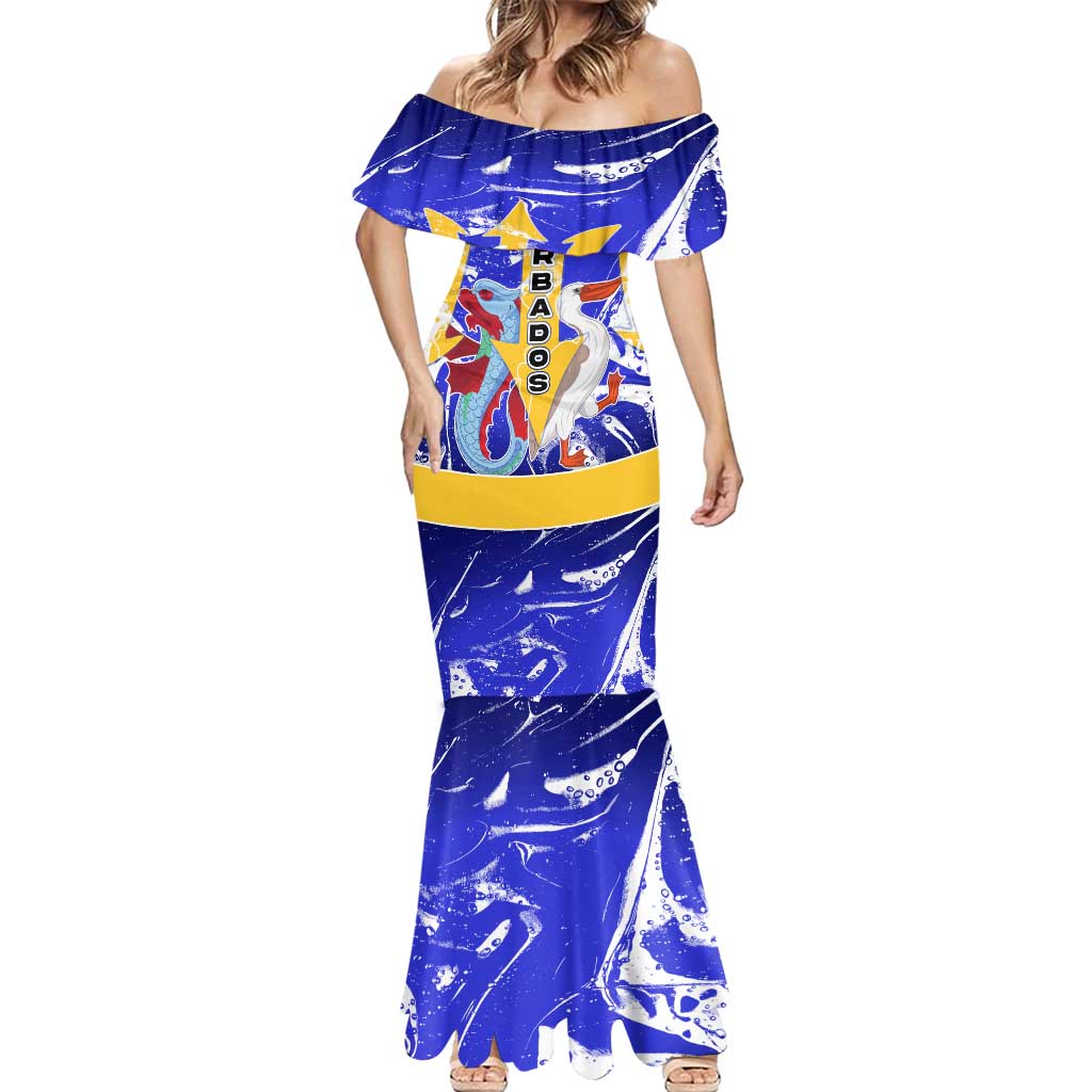 Barbados Coat of Arms Mermaid Dress with Yellow Blue Pelican Dolphin Graphic - Wonder Print Shop