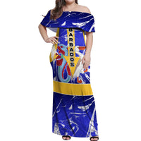 Barbados Coat of Arms Off Shoulder Maxi Dress with Yellow Blue Pelican Dolphin Graphic - Wonder Print Shop