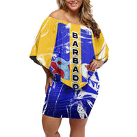 Barbados Coat of Arms Off Shoulder Short Dress with Yellow Blue Pelican Dolphin Graphic - Wonder Print Shop