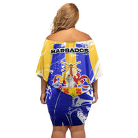 Barbados Coat of Arms Off Shoulder Short Dress with Yellow Blue Pelican Dolphin Graphic - Wonder Print Shop