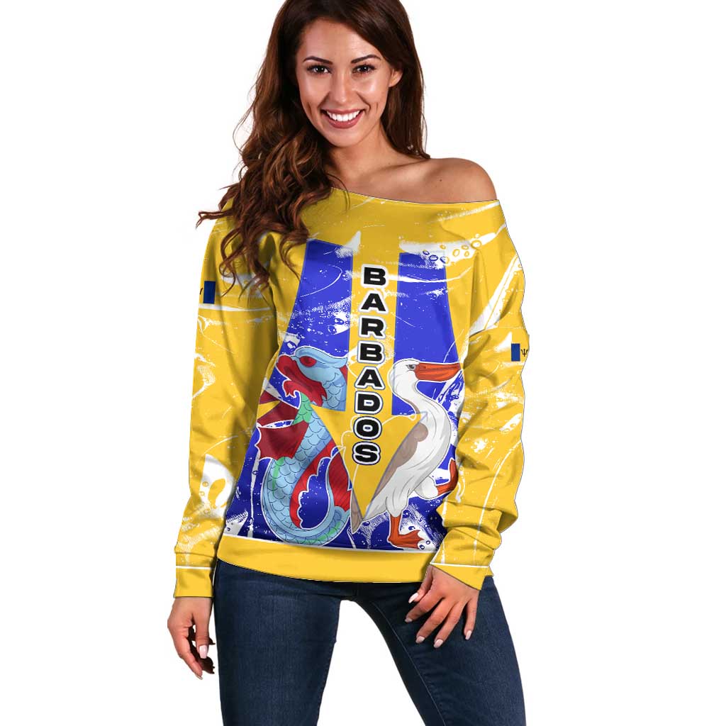Barbados Coat of Arms Off Shoulder Sweater with Yellow Blue Pelican Dolphin Graphic - Wonder Print Shop