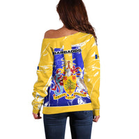 Barbados Coat of Arms Off Shoulder Sweater with Yellow Blue Pelican Dolphin Graphic - Wonder Print Shop